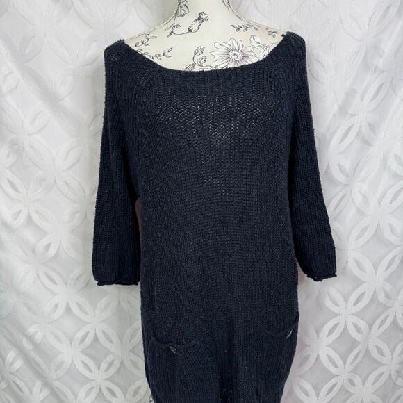 Free People Navy Knit 3/4 Sleeve Sweater Dress Size M - Picture 3 of 7